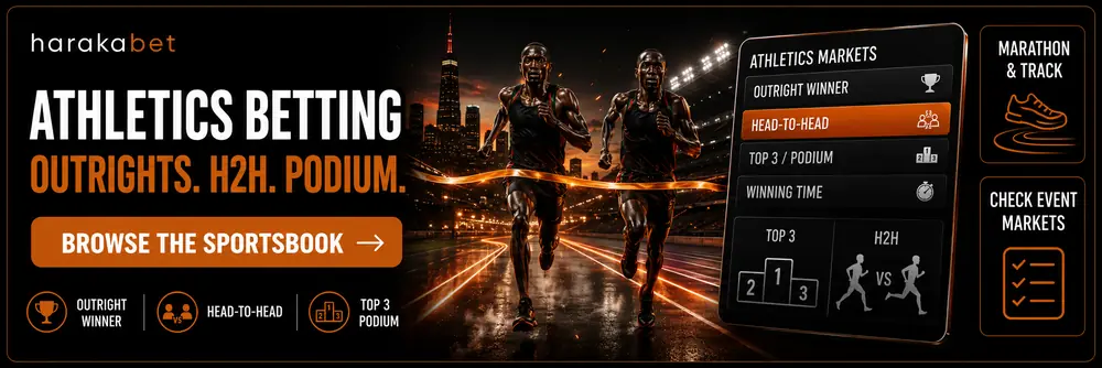 Harakabet athletics betting page showing marathon and track event markets