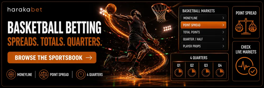 Harakabet basketball betting page showing NBA and Basketball Africa League markets