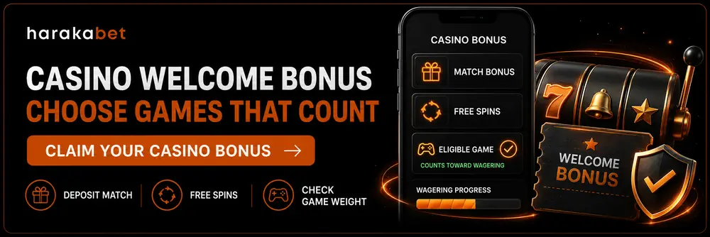 Harakabet casino welcome bonus banner showing deposit match and free spins