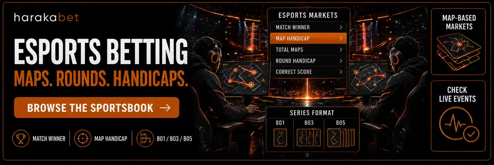 Harakabet esports betting page showing CS2, Dota 2 and FIFA markets