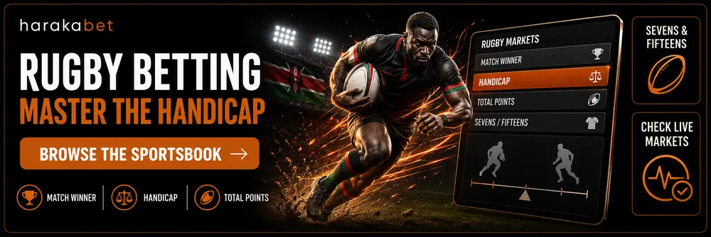 Harakabet rugby betting page showing HSBC Sevens Series and Kenya Cup markets