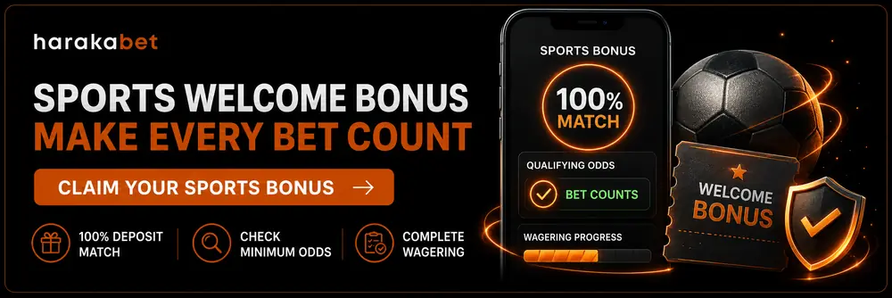 Harakabet sports welcome bonus banner showing a matched deposit offer