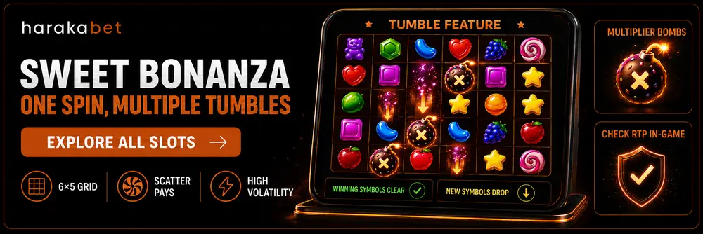 Sweet Bonanza slot game screenshot showing scatter-pay tumbling candies